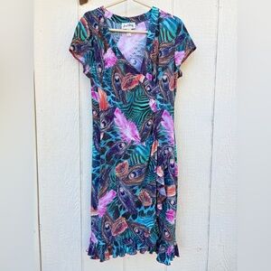 Y2K VTG Joseph Ribkoff Dress Size 14 Peacock Feather Ruffled Hem Faux-Wrap